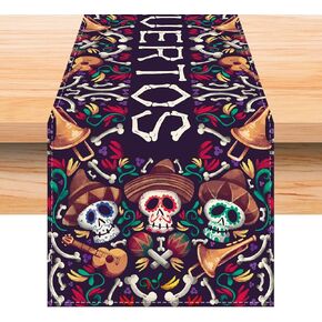 جودونغز مفرش طاولة من الكتان مقاس 13 × 72 انش ديا دي لوس مورتوس بتصميم جمجمة شوجر ديد، ديكور طاولة بطابع مكسيكي ولوازم للطاولة in Kuwait