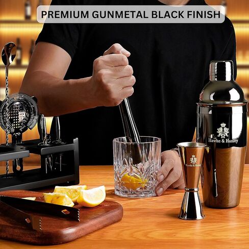 Hawke & Hanley Mixology Bartender Kit: Cocktail Shaker Bar Set with a Martini Shaker, Bar Tools and Black Bamboo Stand | Bartending Kit with Recipe Book | Unique Housewarming Gift (Gunmetal Black) in Saudi Arabia