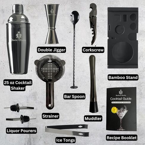 Hawke & Hanley Mixology Bartender Kit: Cocktail Shaker Bar Set with a Martini Shaker, Bar Tools and Black Bamboo Stand | Bartending Kit with Recipe Book | Unique Housewarming Gift (Gunmetal Black) in Saudi Arabia
