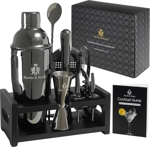 Hawke & Hanley Mixology Bartender Kit: Cocktail Shaker Bar Set with a Martini Shaker, Bar Tools and Black Bamboo Stand | Bartending Kit with Recipe Book | Unique Housewarming Gift (Gunmetal Black) in Saudi Arabia