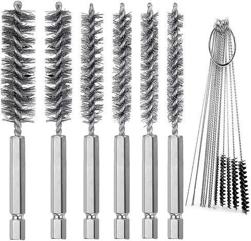 6 قطع من فرشاة التجويف المصنوعة من الفولاذ المقاوم للصدأ بأحجام مختلفة + 15 قطعة من إبر التنظيف وأدوات فرش النايلون، فرشاة سلك ملتوية بمقبض مجموعة مثقاب مرفقة بساق سداسية 1/4 بوصة لمحامل منافذ الأنابيب in Kuwait