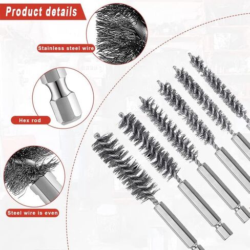 6 قطع من فرشاة التجويف المصنوعة من الفولاذ المقاوم للصدأ بأحجام مختلفة + 15 قطعة من إبر التنظيف وأدوات فرش النايلون، فرشاة سلك ملتوية بمقبض مجموعة مثقاب مرفقة بساق سداسية 1/4 بوصة لمحامل منافذ الأنابيب in Kuwait