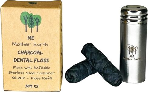 Vegan Biodegradable Bamboo Charcoal Dental Floss with Refillable Stainless Steel Container | 33yds x2 | Extra Floss Refill | Natural Candelilla Wax | Peppermint | Eco Zero Waste Oral Care in Kuwait