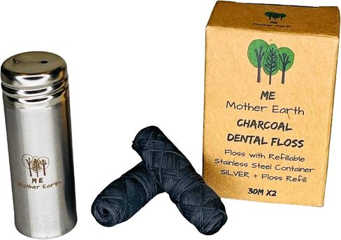 Vegan Biodegradable Bamboo Charcoal Dental Floss with Refillable Stainless Steel Container | 33yds x2 | Extra Floss Refill | Natural Candelilla Wax | Peppermint | Eco Zero Waste Oral Care in Kuwait