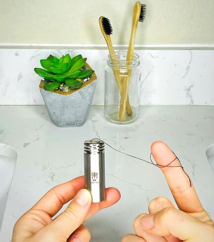Vegan Biodegradable Bamboo Charcoal Dental Floss with Refillable Stainless Steel Container | 33yds x2 | Extra Floss Refill | Natural Candelilla Wax | Peppermint | Eco Zero Waste Oral Care in Kuwait