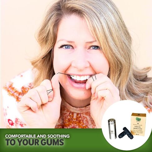 Vegan Biodegradable Bamboo Charcoal Dental Floss with Refillable Stainless Steel Container | 33yds x2 | Extra Floss Refill | Natural Candelilla Wax | Peppermint | Eco Zero Waste Oral Care in Kuwait