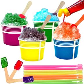 Concession Essentials 100 Count 6oz Snow Cone Cups with 100 8" Neon Spoon Straws, Pack of 200ct (100 cups/100 straws)