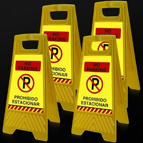 Fuutreo 4 Pcs 24 Inch Reflective No Parking Sign 2 Sided Portable Handle Self Standing Floor Bilingual Warning Sign for Outdoor Commercial Street Public Areas Road Restaurants Businesses (Red)