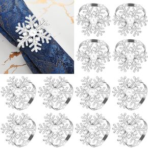 Snowflake Napkin Rings Xmas Christmas Napkin Holder Ring Christmas Snowflake Napkin Holder Metal Alloy Rhinestone Pearl Napkin Rings Serviette Buckle for Xmas Wedding Party Table Decor (Gold, 6)