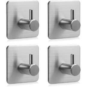 Self Adhesive Hook Stick on Wall 304 Stainless Steel Polished Hanging Clothes Coat Hat Hooks and Strong Heavy Duty Metal Super Power Hooks Storage Organizer (10 Pack) (Hooks Sliver 4 Pack)