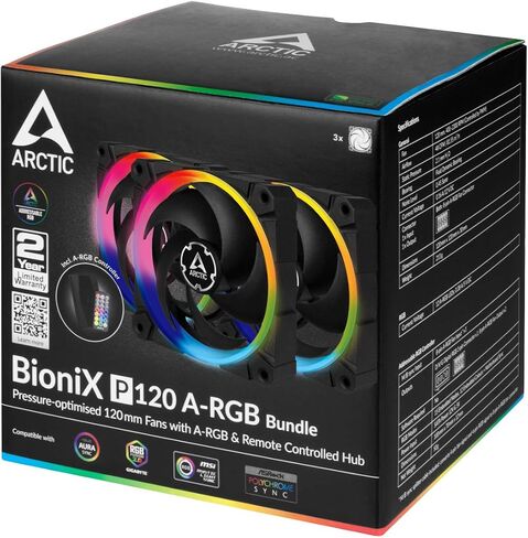 ARCTIC BioniX P120 A-RGB (3 حزم، بما في ذلك وحدة تحكم A-RGB) - مروحة محسنة للضغط 120 مم مع A-RGB، PWM، مبرد، محمل ديناميكي سائل، 400-2300 دورة في الدقيقة - أسود in Kuwait