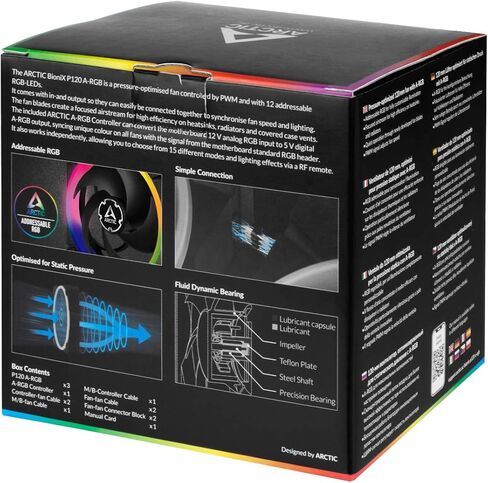 ARCTIC BioniX P120 A-RGB (3 حزم، بما في ذلك وحدة تحكم A-RGB) - مروحة محسنة للضغط 120 مم مع A-RGB، PWM، مبرد، محمل ديناميكي سائل، 400-2300 دورة في الدقيقة - أسود in Kuwait