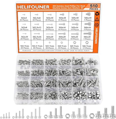 HELIFOUNER 510 Pieces Phillips Pan Head Machine Screws Nuts Washers Assortment Kit, Stainless Steel 304, Full Thread (M2 M2.5 M3 M4 M5 M6) in Saudi Arabia