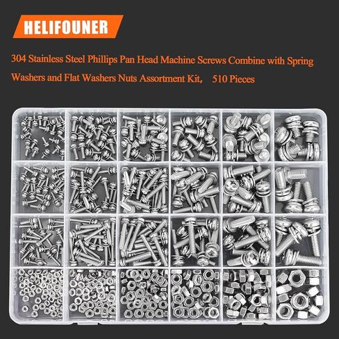 HELIFOUNER 510 Pieces Phillips Pan Head Machine Screws Nuts Washers Assortment Kit, Stainless Steel 304, Full Thread (M2 M2.5 M3 M4 M5 M6) in Saudi Arabia