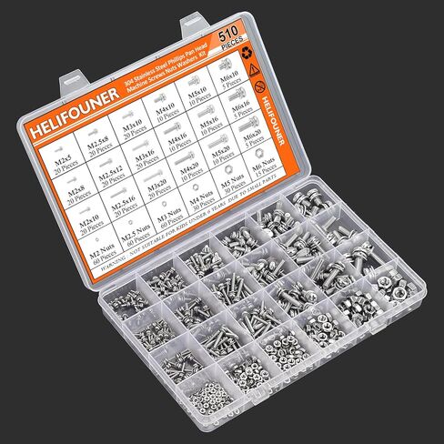 HELIFOUNER 510 Pieces Phillips Pan Head Machine Screws Nuts Washers Assortment Kit, Stainless Steel 304, Full Thread (M2 M2.5 M3 M4 M5 M6) in Saudi Arabia