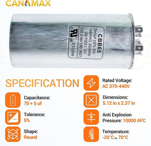 Canamax Premium 70+5 فائق التوهج ±5% 70/5 MFD 370/440 VAC مكثف دائري لبدء التشغيل المزدوج لمكيف الهواء المستقيم البارد أو الحراري in Kuwait