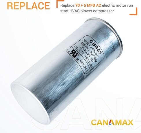 Canamax Premium 70+5 فائق التوهج ±5% 70/5 MFD 370/440 VAC مكثف دائري لبدء التشغيل المزدوج لمكيف الهواء المستقيم البارد أو الحراري in Kuwait