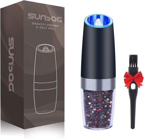 مطحنة الملح والفلفل الكهربائية من صن باج، مطحنة ملح وفلفل أوتوماتيكية تعمل بالبطارية - ضوء LED أزرق، خشونة قابلة للتعديل، تشغيل بيد واحدة in Kuwait