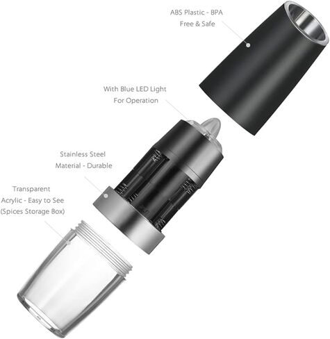 مطحنة الملح والفلفل الكهربائية من صن باج، مطحنة ملح وفلفل أوتوماتيكية تعمل بالبطارية - ضوء LED أزرق، خشونة قابلة للتعديل، تشغيل بيد واحدة in Kuwait