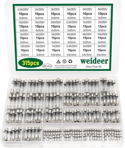 weideer 24 Values 315pcs Fast Blow Glass Fuses Assortment Kit 250V 0.5A 2A 3A 5A 6A 8A 10A 15A 20A 6x30mm,250V 0.5A 1A 2A 3A 4A 5A 6A 8A 10A 12A 15A 5x20mm,250V 1A 2.5A 3A 5A 3.6X10mm Tube Fuses in Saudi Arabia