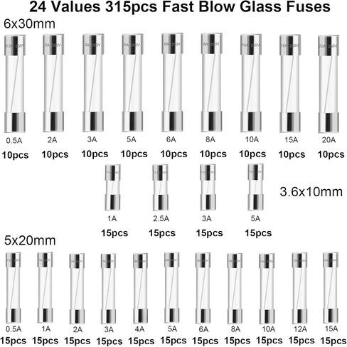 weideer 24 Values 315pcs Fast Blow Glass Fuses Assortment Kit 250V 0.5A 2A 3A 5A 6A 8A 10A 15A 20A 6x30mm,250V 0.5A 1A 2A 3A 4A 5A 6A 8A 10A 12A 15A 5x20mm,250V 1A 2.5A 3A 5A 3.6X10mm Tube Fuses in Saudi Arabia