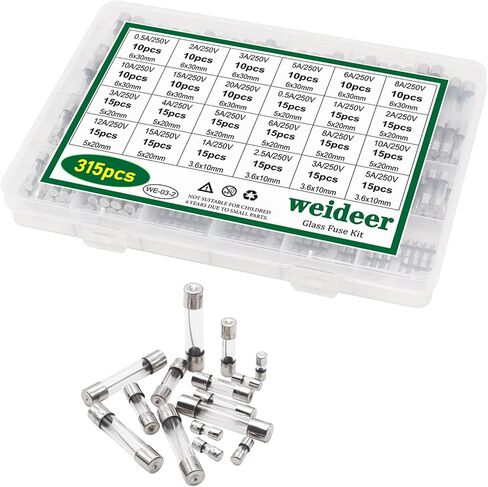 weideer 24 Values 315pcs Fast Blow Glass Fuses Assortment Kit 250V 0.5A 2A 3A 5A 6A 8A 10A 15A 20A 6x30mm,250V 0.5A 1A 2A 3A 4A 5A 6A 8A 10A 12A 15A 5x20mm,250V 1A 2.5A 3A 5A 3.6X10mm Tube Fuses in Saudi Arabia