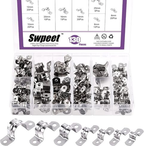 Swpeet 130Pcs 7 Sizes 5/16" 3/8" 1/2" 9/16" 5/8" 3/4" 1" 2 Hole U-Tube 304 Stainless Steel Pipe Strap Clamp Assortment Kit, Two Hole Snap On Pipe Strap Cable U Bracket Tube Strap Tension Clips in Saudi Arabia