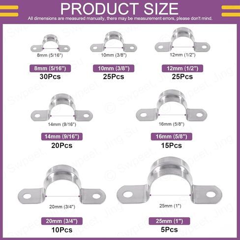 Swpeet 130Pcs 7 Sizes 5/16" 3/8" 1/2" 9/16" 5/8" 3/4" 1" 2 Hole U-Tube 304 Stainless Steel Pipe Strap Clamp Assortment Kit, Two Hole Snap On Pipe Strap Cable U Bracket Tube Strap Tension Clips in Saudi Arabia