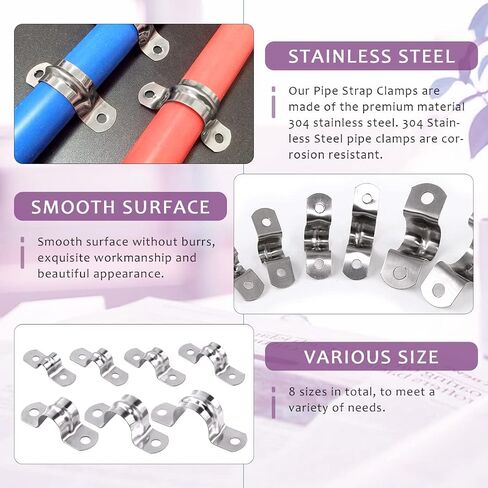 Swpeet 130Pcs 7 Sizes 5/16" 3/8" 1/2" 9/16" 5/8" 3/4" 1" 2 Hole U-Tube 304 Stainless Steel Pipe Strap Clamp Assortment Kit, Two Hole Snap On Pipe Strap Cable U Bracket Tube Strap Tension Clips in Saudi Arabia