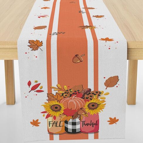 Hello Fall Table Runner,Chrysanthemum in Jar Seasonal Harvest Farmhouse Thanksgiving Kitchen Dining Table Decoration for Indoor Outdoor Home Party Decor12 x 36 Inches Long in Kuwait