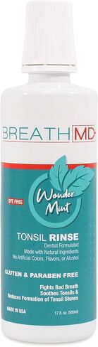 BreathMD Tonsil Rinse for Natural Tonsil Stone Removal & Bad Breath Treatment - Dentist Formulated - Alcohol Free, Dye Free, Gluten Free - Wonder Mint Flavor - Made in USA in Saudi Arabia