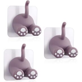 3 Pack Decorative Cartoon Adhesive Hook, Animal Tail Hooks for Wall, Self Adhesive Razor Toothbrush Plug Cable Shave Holder Waterproof for Bathroom, Utility for Hanging Towel Keys (Gray)