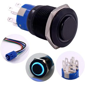 مفتاح زر الضغط، URTONE UR198، 2NO2NC DPDT غلاف معدني أسود مع حلقة LED زرقاء 24 فولت لفتحة تركيب 19 مم 3/4 بوصة، تتضمن مقبس (أزرق) in Kuwait