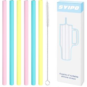 Replacement Silicone Straws for Stanley 40 oz Adventure Tumbler, 6 Pack Reusable Food Grade Silicone Straws with Cleaning Brush, Can be Cut Off — for Stanley Cup 40 oz Water Jug Accessories,12" Long,A