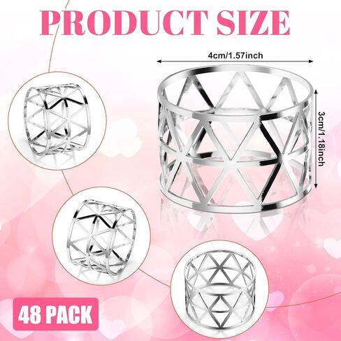 ماكسدوت 48 قطعة من خواتم المناديل الفضية، حامل خواتم مناديل بتصميم مجوف، حوامل مناديل معدنية للمناديل القماشية وطاولة العشاء وحفلات الزفاف والعطلات والذكرى السنوية وعيد الميلاد والتجمعات والولائم in Kuwait