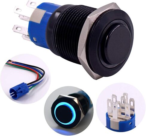مفتاح زر الضغط، URTONE UR198، 2NO2NC DPDT غلاف معدني أسود مع حلقة LED زرقاء 24 فولت لفتحة تركيب 19 مم 3/4 بوصة، تتضمن مقبس (أزرق) in Kuwait
