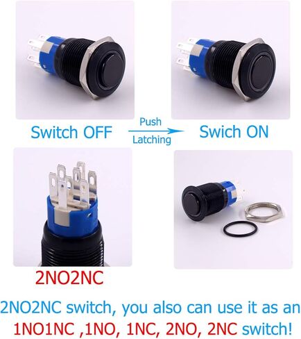 مفتاح زر الضغط، URTONE UR198، 2NO2NC DPDT غلاف معدني أسود مع حلقة LED زرقاء 24 فولت لفتحة تركيب 19 مم 3/4 بوصة، تتضمن مقبس (أزرق) in Kuwait