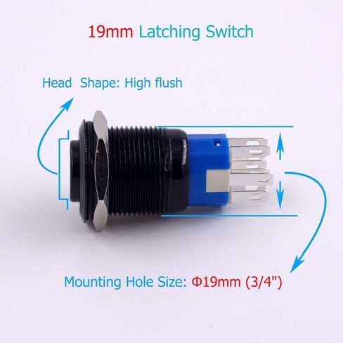 مفتاح زر الضغط، URTONE UR198، 2NO2NC DPDT غلاف معدني أسود مع حلقة LED زرقاء 24 فولت لفتحة تركيب 19 مم 3/4 بوصة، تتضمن مقبس (أزرق) in Kuwait