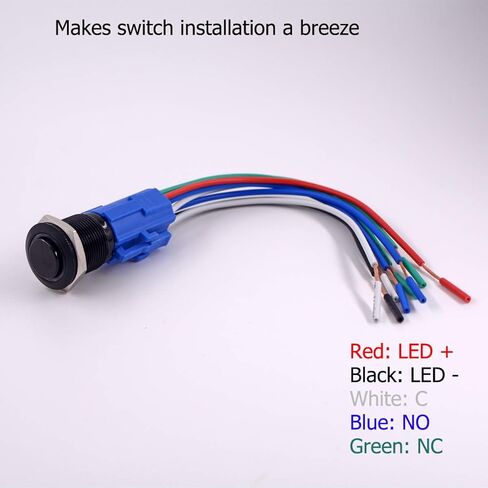 مفتاح زر الضغط، URTONE UR198، 2NO2NC DPDT غلاف معدني أسود مع حلقة LED زرقاء 24 فولت لفتحة تركيب 19 مم 3/4 بوصة، تتضمن مقبس (أزرق) in Kuwait