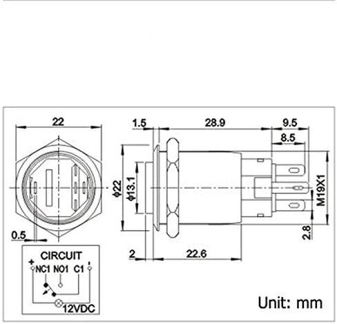 مفتاح زر الضغط، URTONE UR198، 2NO2NC DPDT غلاف معدني أسود مع حلقة LED زرقاء 24 فولت لفتحة تركيب 19 مم 3/4 بوصة، تتضمن مقبس (أزرق) in Kuwait