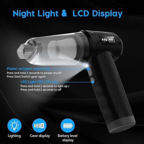 مكنسة كهربائية للسيارة من اوريكا، لاسلكية، 3 تروس، مكنسة كهربائية محمولة باليد ومنفضة هواء، قوة شفط 12000 باسكال، مكنسة كهربائية للاستخدام الرطب/الجاف مع فوهات متعددة وفرشاة أرضية للمركبة/المنزل/المكتب in Kuwait