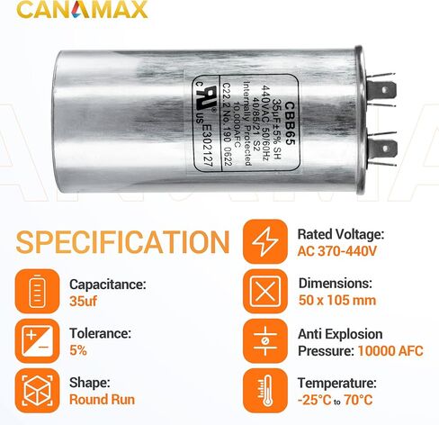 Canamax Premium 35 MFD uf ± 5% MFD 370 V VAC أو 440 فولت محرك متعدد الأغراض يعمل بمكثف دائري - متوافق مع مكيف الهواء أو مكثف المضخة الحرارية in Kuwait