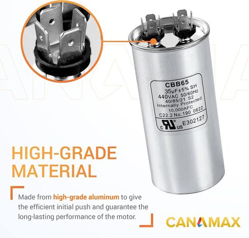 Canamax Premium 35 MFD uf ± 5% MFD 370 V VAC أو 440 فولت محرك متعدد الأغراض يعمل بمكثف دائري - متوافق مع مكيف الهواء أو مكثف المضخة الحرارية in Kuwait