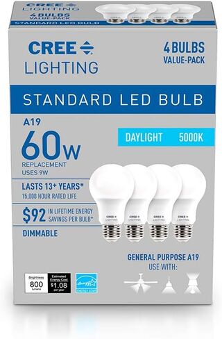 لمبة Cree Lighting Basic Series A19، لمبة LED 2700K قابلة للتعتيم، 60 وات + 800 لومن، أبيض ناعم، 4 عبوات، (A19-60W-B2-27K-E26-U4) in Kuwait