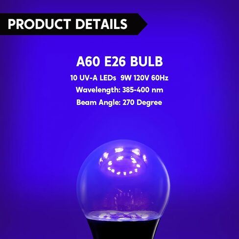 4 عبوات من مصابيح الإضاءة السوداء LED بقدرة 9 وات، لمبة الإضاءة السوداء A60 E26 المكافئة 75 وات، لمبة أرجوانية 385-400 نانومتر، تتوهج في الظلام لتزيين حفلات الهالوين، أضواء سوداء، طلاء الجسم، ملصق فلورسنت توهج نيون in Saudi Arabia