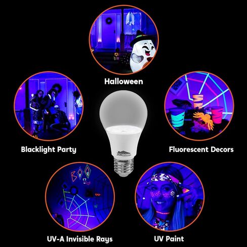 4 عبوات من مصابيح الإضاءة السوداء LED بقدرة 9 وات، لمبة الإضاءة السوداء A60 E26 المكافئة 75 وات، لمبة أرجوانية 385-400 نانومتر، تتوهج في الظلام لتزيين حفلات الهالوين، أضواء سوداء، طلاء الجسم، ملصق فلورسنت توهج نيون in Saudi Arabia