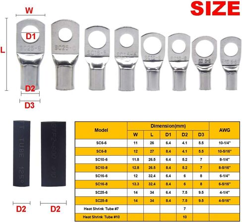 Yosawa 100 قطعة من عروات الأسلاك النحاسية المعلبة شديدة التحمل SC موصلات طرفية حلقية كابل البطارية مع مجموعة متنوعة من الأنابيب المنكمشة بالحرارة in Kuwait
