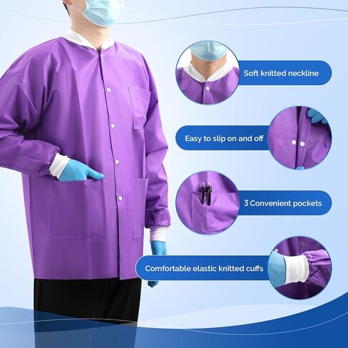JMU Disposable Lab Jackets 10 Pack, SMS Disposable Medical Jackets for Men and Women, Knit Cuffs Collar, 3 Pockets in Saudi Arabia