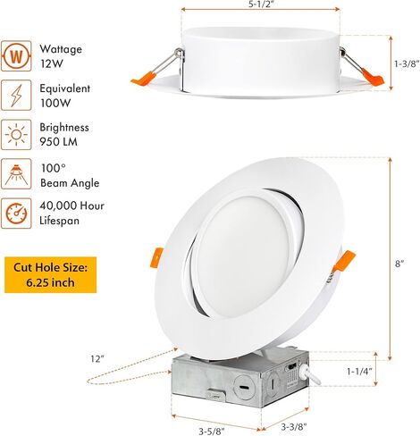PROCURU [4 عبوات] مصباح LED محكم الغلق بقياس 6 بوصات 2700K-6000K لون يمكن اختياره، تدوير وتدوير مصباح سقف مجوف رفيع للغاية مع صندوق J، قابل للتعتيم، تصنيف IC (V6SL-GB-4P) in Kuwait