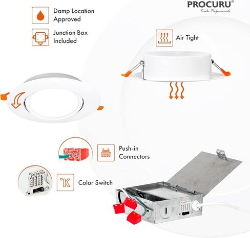 PROCURU [4 عبوات] مصباح LED محكم الغلق بقياس 6 بوصات 2700K-6000K لون يمكن اختياره، تدوير وتدوير مصباح سقف مجوف رفيع للغاية مع صندوق J، قابل للتعتيم، تصنيف IC (V6SL-GB-4P) in Kuwait